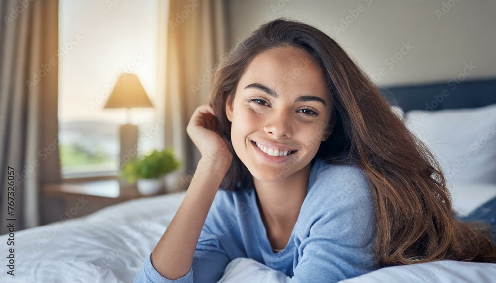 portrait of happy woman in bed with wellness, confident or morning in apartment portrait of happy woman in bed with wellness, confident or morning in apartment
