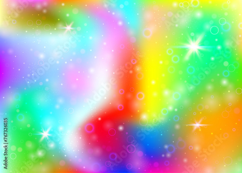 Hologram background with rainbow mesh. Liquid universe banner in princess colors. Fantasy gradient backdrop. Hologram unicorn background with fairy sparkles, stars and blurs.
