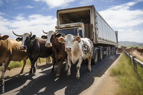 Herd of Cattle Crossing Road in Front of Truck