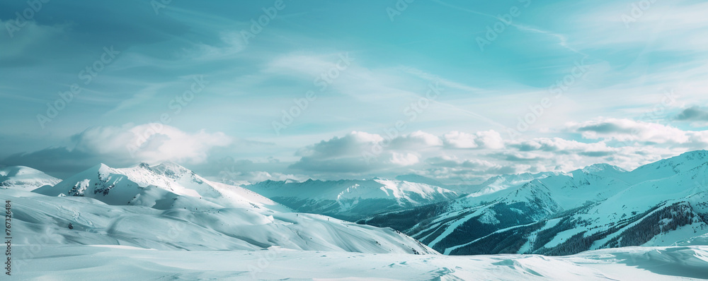 A high mountain vista blanketed in snow, distant peaks softened and blurred, with generous copy space in the sky.