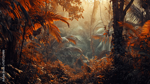Jungle vibes with burnt orange and misty gray for a dreamy, surreal feel