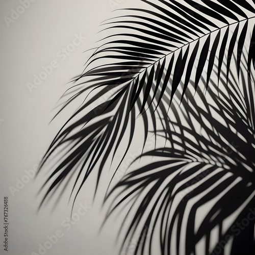 Shadow from palm leaves on a white wall background. White background, cardboard. Abstract image. Tropic concept photo