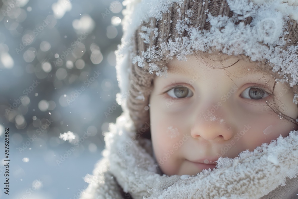 A child playing in the snow, face filled with wonder and delight. Portrait.