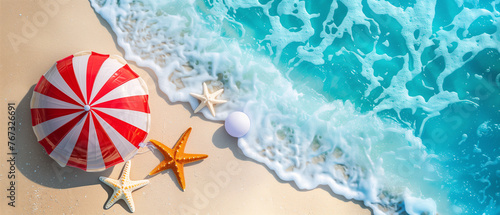 Summber Beach background with Beach ball , Star fish and stripe beach parasol of very Summer on white sand beach with turquoise ocean water