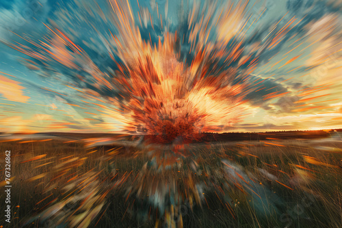 An abstract image of a nuclear explosion, the shockwave distorting the image of a peaceful landscape. photo