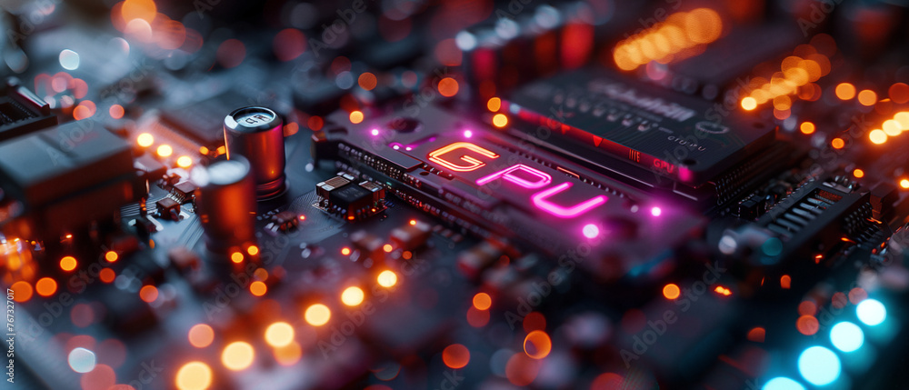 Image of a large stack of microchips, stacked on top of each other, with very bright colored LED lights, with the letters "GPU" written on the main chip - obrazy, fototapety, plakaty 