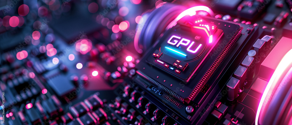 Image of a large stack of microchips, stacked on top of each other, with very bright colored LED lights, with the letters "GPU" written on the main chip - obrazy, fototapety, plakaty 