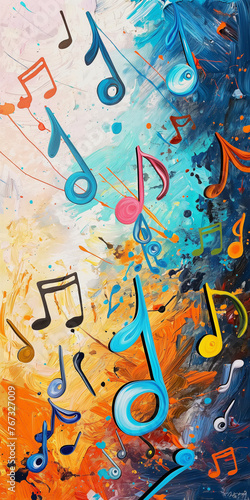 an image of a colorful painted musical note swirling around, artistic design depicting combination two arts