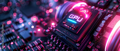 Image of a large stack of microchips, stacked on top of each other, with very bright colored LED lights, with the letters "GPU" written on the main chip