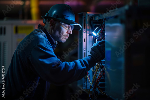 An abstract image of an air conditioner installer at work in a dark room. The installer flashlight illuminates the work area, creating a dramatic lighting effect