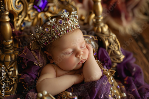 photo A newborn baby is posing in a crown filled with jewels. The baby is wearing a purple and gold outfit and a tiara.