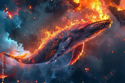 photo A whale is exploding in a volcano with a firework. The whale is orange and fiery and has a spark on its tail. The firework is colorful and loud and has a star. photo