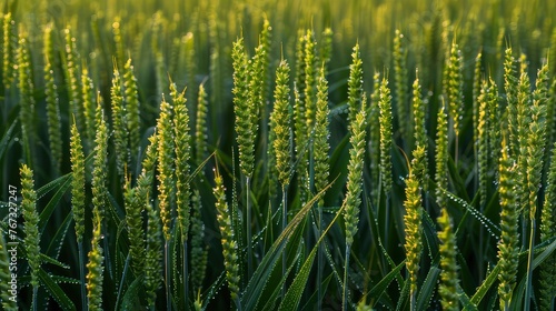Close-up photo of a green ears of wheat with a drops of a morning dew on an agricultural field. Mesmerizing close-up of dew-drenched wheat.