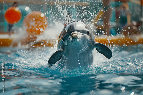 photo A whale is swimming in a pool with a dolphin. The whale is gray and friendly and has a splash and a flipper.