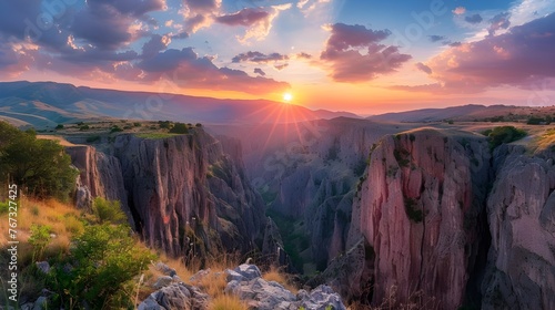 A wide mountain river  deep stone canyon  ancient granite rocks  beautiful sunset  rocky river  cloudy sky  mountain landscape Ai generated 