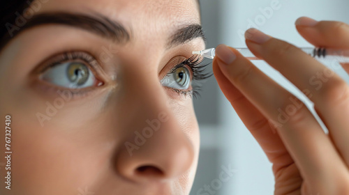 Close-up of a young woman dripping medicine into her eyes. AI.
