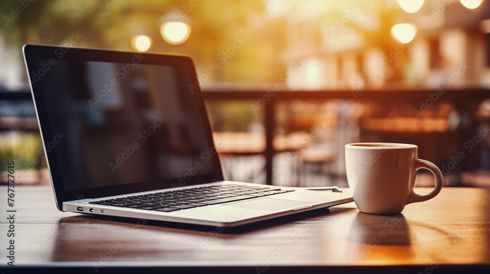 A laptop is lying on the table, there is a cup of coffee next to it A laptop is lying on the table, there is a cup of coffee next to it