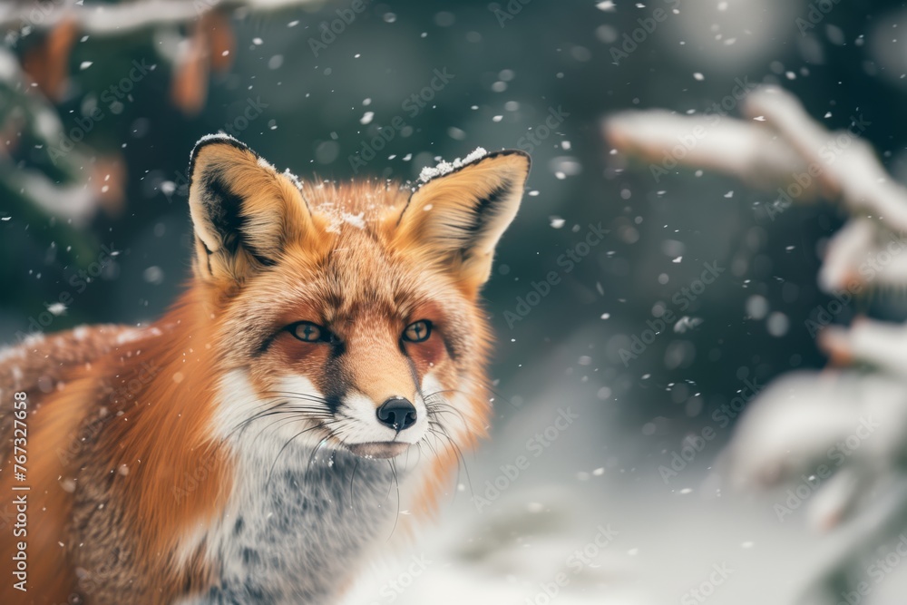 A cunning fox sneaking through the snowy forest