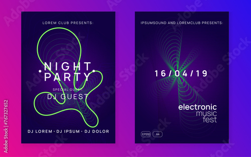 Discotheque Flyer. Blue Music Set. Festival Invite. Techno Trance Template. Green Edm Background. Nightclub Radio Invitation. Party Magazine. Violet Discotheque Flyer