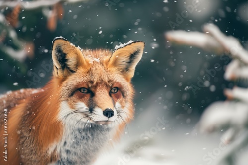 A cunning fox sneaking through the snowy forest © Tymofii
