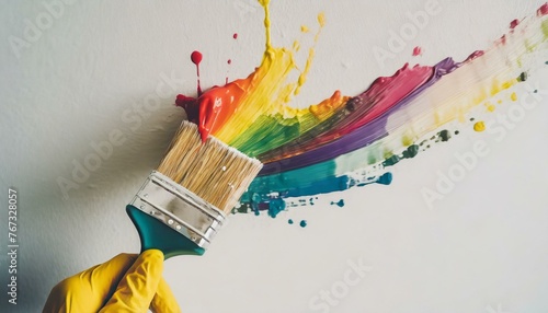Hand with glove holding paint brush with rainbow color paint splash on white wall background. Renovation, home improvement, diy concept