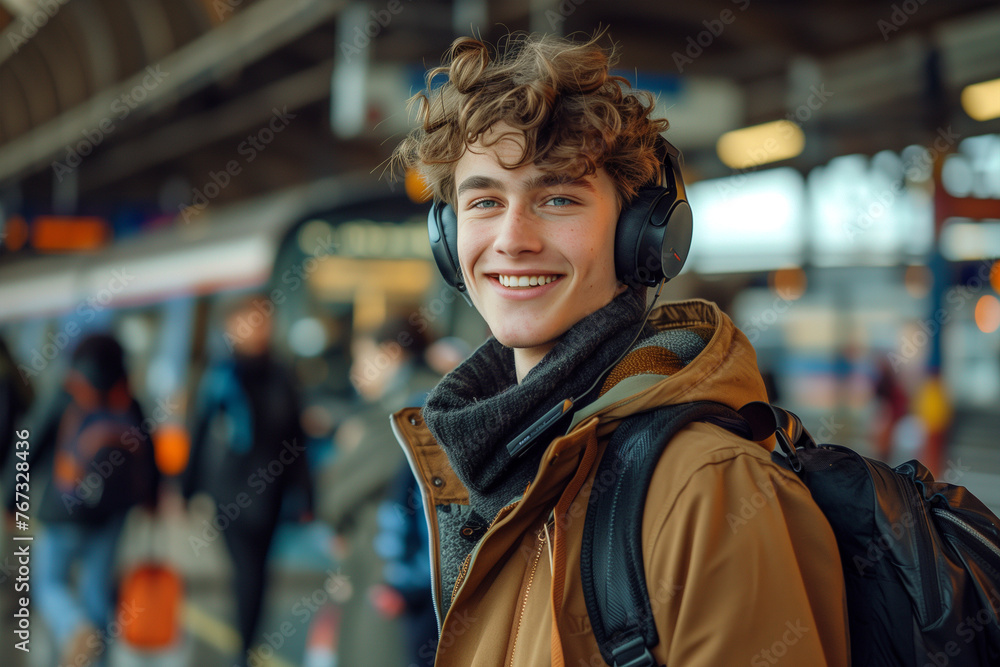 Young Man Listening to Music in Front of Train