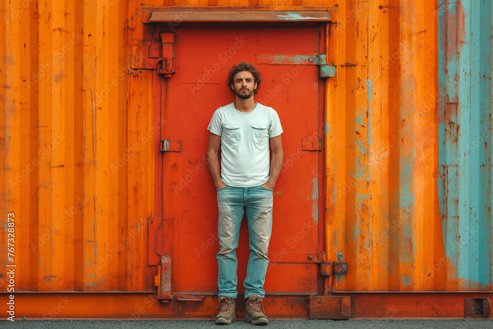 Man Standing in Front of Red Door Man Standing in Front of Red Door