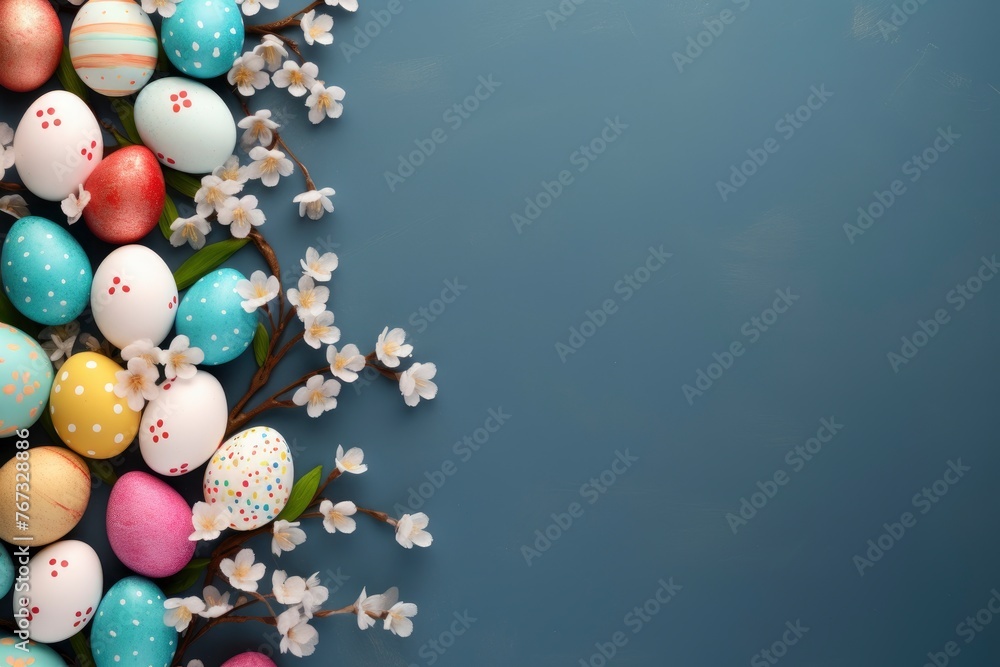 Decorated Easter eggs and space for text on color background, top view - generative ai
