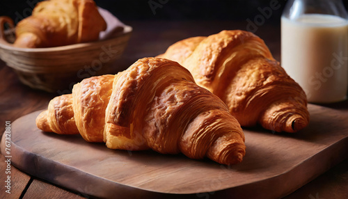 French croissants for breakfast on wooden board. Bottle of milk. Delicious snack. Tasty pastry. Dark backdrop.