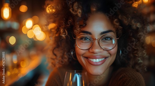 A curly-haired woman smiles and sits on a chair in a cosy cafe with a glass photo