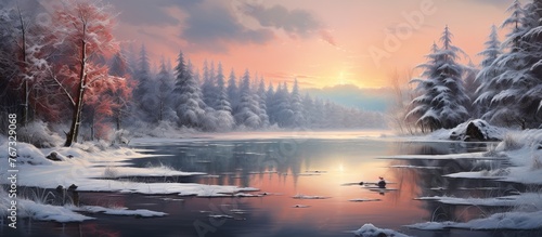 A natural landscape painting of a snowy river with snowcovered trees under a dusk sky, reflecting the afterglow of sunset on the horizon © AkuAku