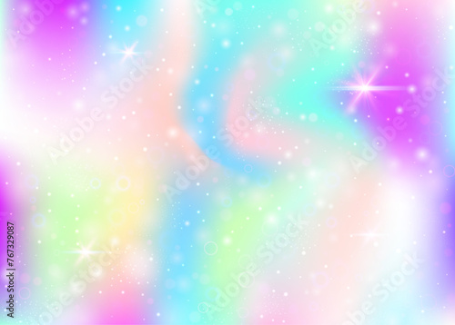 Holographic background with rainbow mesh. Mystical universe banner in princess colors. Fantasy gradient backdrop with hologram. Holographic unicorn background with fairy sparkles, stars and blurs.