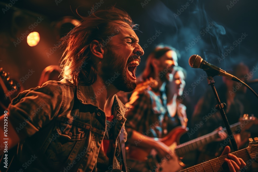 A group of musicians playing in a band, their faces filled with passion and energy.