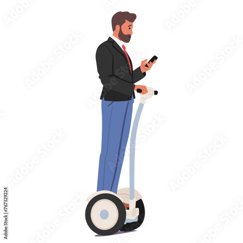 Businessman Character, Clad In A Tailored Suit, Smoothly Glides On A Segway, Focused On His Smartphone, Vector
