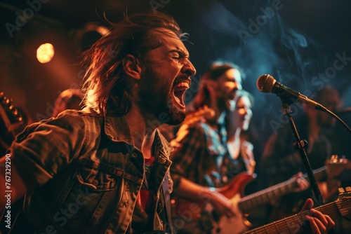 A group of musicians playing in a band, their faces filled with passion and energy.