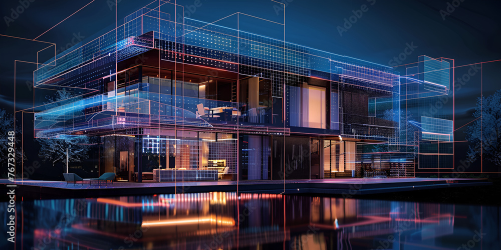 A modern contemporary house made from neon lights Modern residential glowing blue lighting night house picture with blue background.