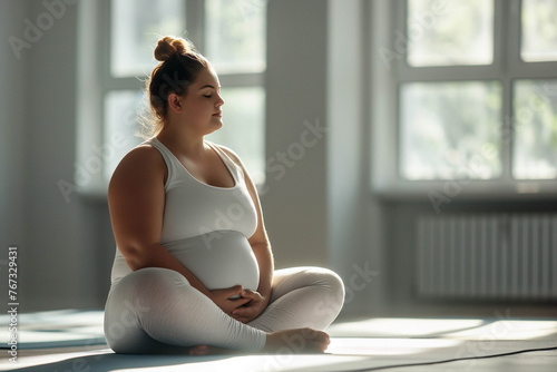 An overweight girl practices adaptive yoga in a secluded, bright, modern studio that emphasizes individual modifications of poses. 