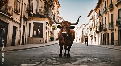 Bull in a street in San Fermin. photo