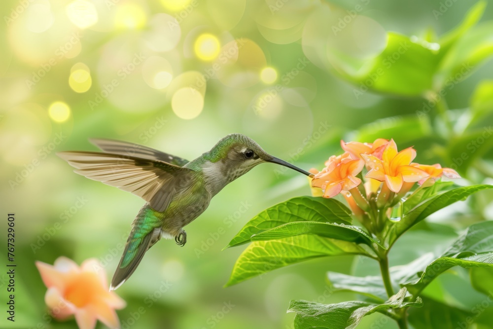 Fototapeta premium A hummingbird drinking nectar from a flower