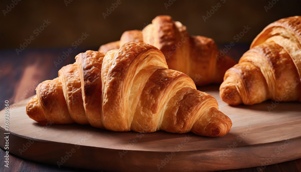 Close-up of French croissants for breakfast on wooden board. Delicious snack. Tasty pastry. Close-up of French croissants for breakfast on wooden board. Delicious snack. Tasty pastry.
