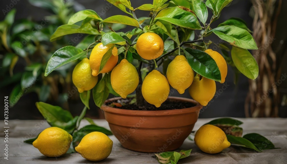  A lemon Volcameriana tree, filled with ripe yellow orange fruits, is showcased in a potted citrus plant