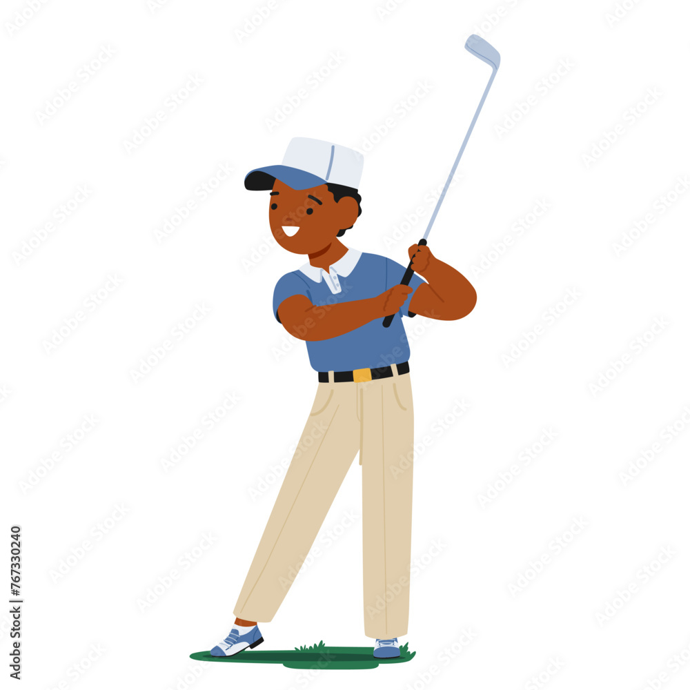 Little Boy Character, Concentrated And Joyful, Stands On Vibrant Green, Swinging His Golf Club With Youthful Enthusiasm Little Boy Character, Concentrated And Joyful, Stands On Vibrant Green, Swinging His Golf Club With Youthful Enthusiasm