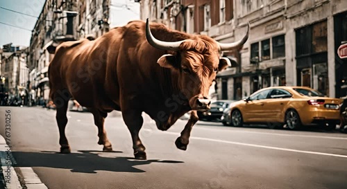 Bull in a street in San Fermin.