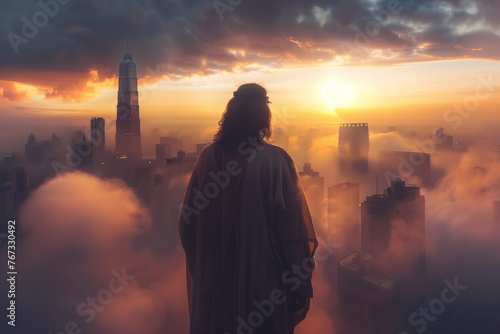 Jesus Christ stands on the clouds and looks at the city below