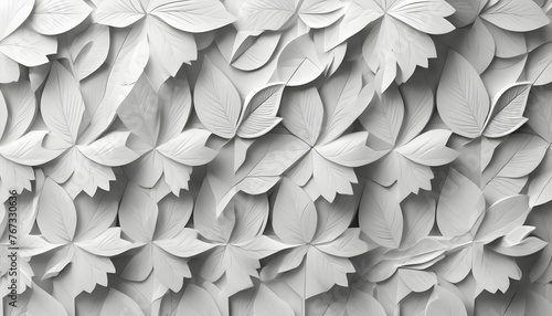 White geometric floral leaves 3d tiles wall texture background banner panorama created with generative ai.