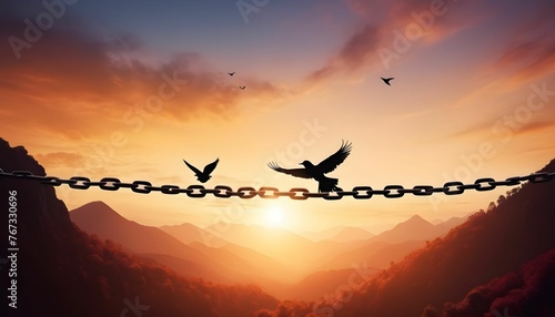 World freedom day concept Silhouette of bird flying and broken chains at autumn mountain sunset background created with generative ai. © cd