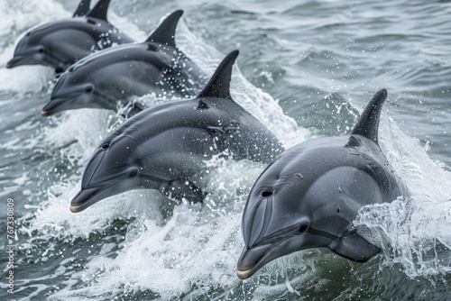 A pod of dolphins frolicking in the ocean.