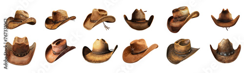 Variety of cowboy hats in rustic and worn styles isolated, cut out transparent