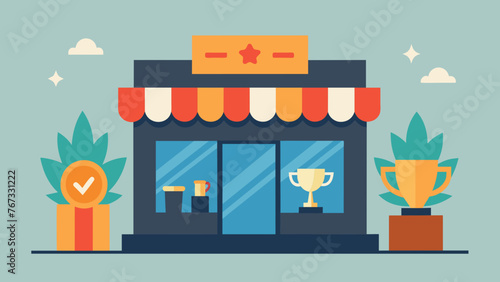 A sleek and modern storefront adorned with numerous awards and certifications represents the impressive success and growth of a small business