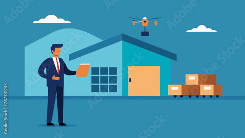 A suited businessman stands in front of a large warehouse using a remote control to maneuver a drone through the facility. This innovative